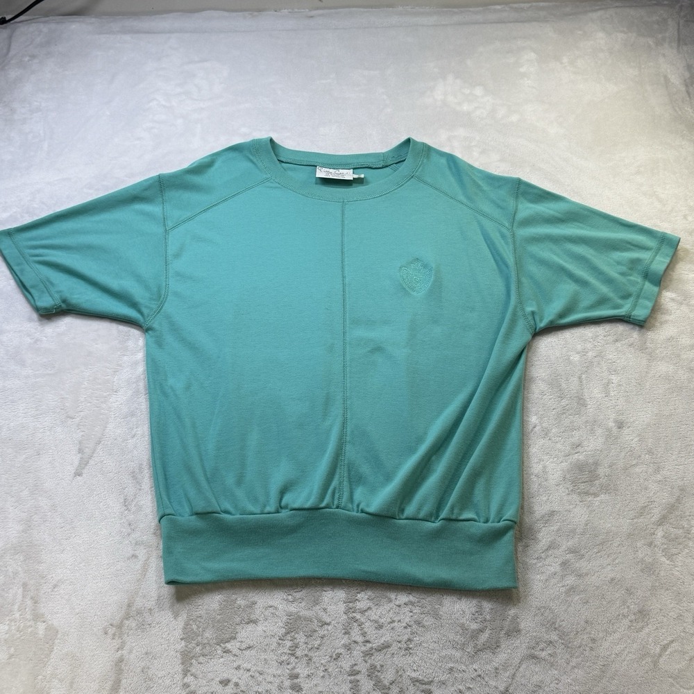 Vintage 70s Pierre Cardin Teal Midweight Knit Tee Logo Banded Hem Women's M
